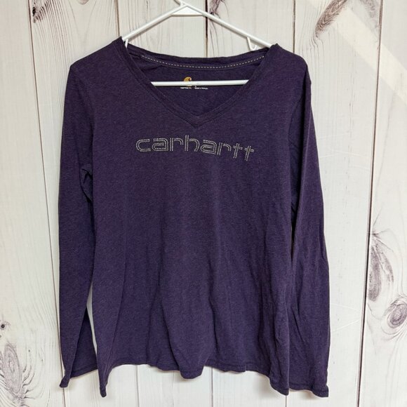 Carhartt Tops - Carhartt V-Neck Long Sleeve Tee Women’s Large Purple Beaded Logo EUC